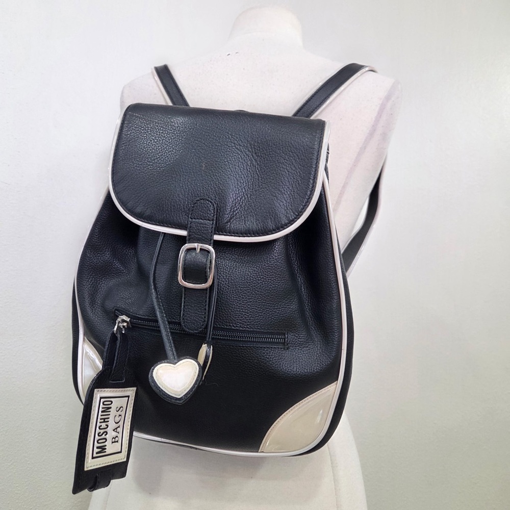 Moschino Black and Cream Heart Accent Backpack